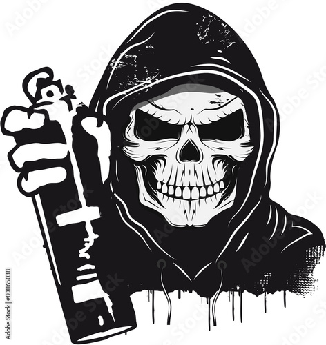 Schädel,Skull,Totenkopf mit Hoodie Kapuze und Spraydose Schwarz Weiß Zeichnung