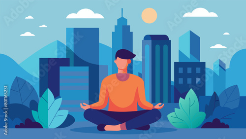 Amidst the hustle and bustle of city life a person finds a quiet spot to practice deep breathing tuning out the noise and chaos to find a sense of.