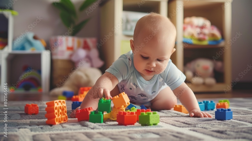 A baby is playing with blocks on the floor A baby is playing with blocks on the floor