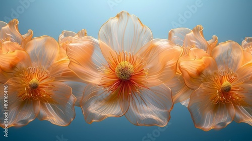   A group of flowers against a blue and white background  with a light blue foreground