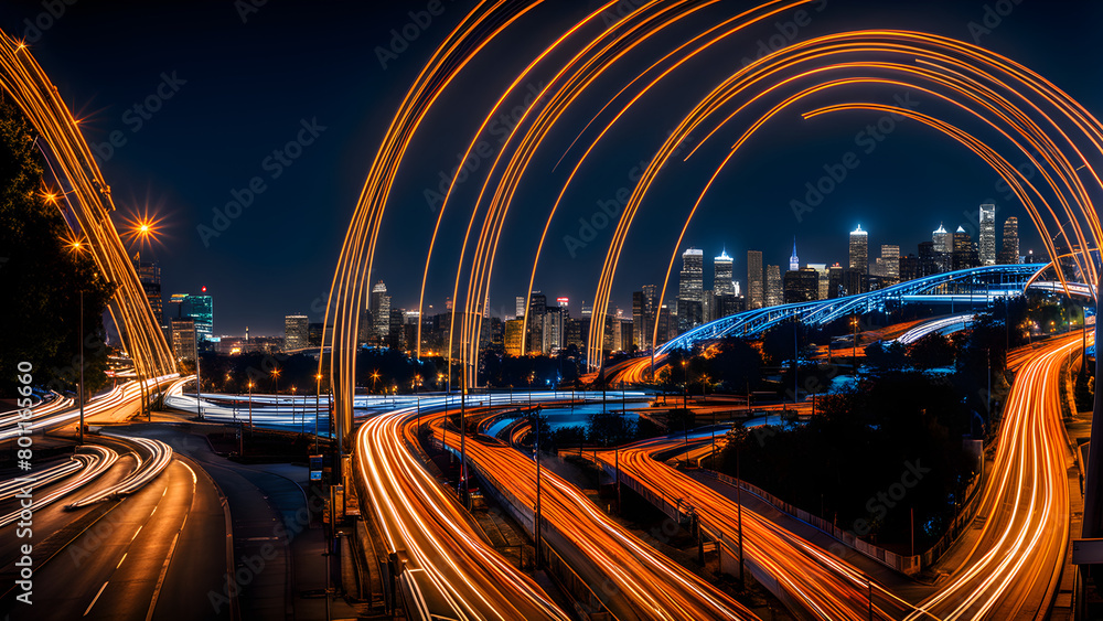 Obraz premium High speed forward light, urban expressways and traffic flow, time-lapse photography, abstract background, colored light, technology and city