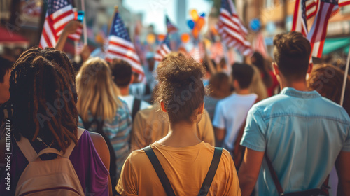 Crowd with American flags walking on a festive street.