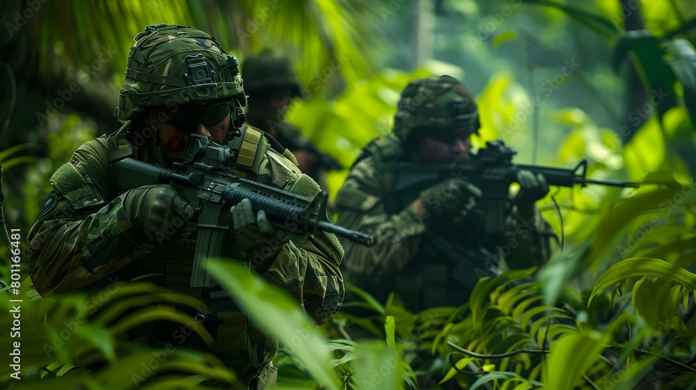 Highly Trained Infantry Unit Tactically Maneuvering Through Lush Tropical Jungle Terrain with Unwavering Determination