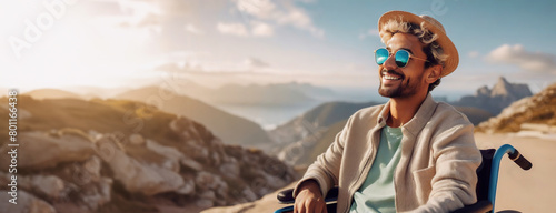 Joyful man in a wheelchair enjoys a mountain landscape. The exultant individual exudes happiness amidst alpine scenery, freedom personified under open skies.