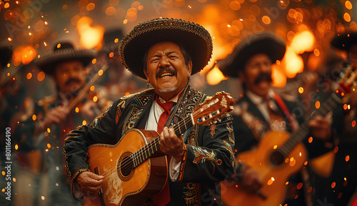 A group of mariachi musicians performing passionately with guitars, wearing traditional sombreros and ornate outfits, surrounded by a vibrant, blurred background.