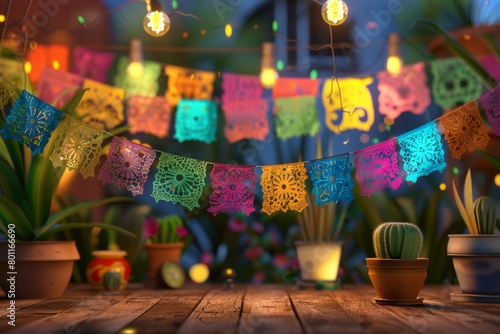String of handmade cut paper flags on blurred background with empty wooden stage. Mexican party decoration. Day of the Dead, Halloween, Cinco de Mayo. Template with space for text, design or product