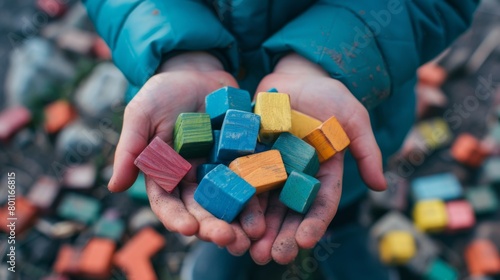 A child holding a handful of colorful wooden blocks in their hands