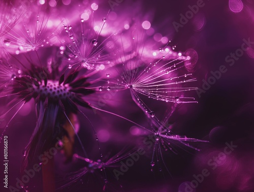 Close-up of a dandelion with water droplets on a purple bokeh background, capturing a dreamy, serene mood.