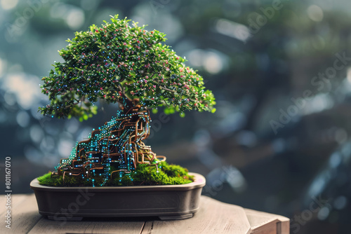 Cyberpunk Bonsai: Illuminated Tree with Enigmatic Twinkles and Futuristic Micro-Tubing, Nestled in a Classic Stone Pot Against a Blurred Background © Schizarty