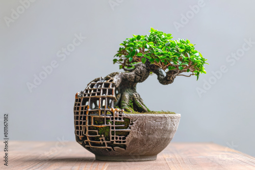 Cyberpunk Bonsai Transmuting with Sculpted Wire and Stone Pot © Schizarty