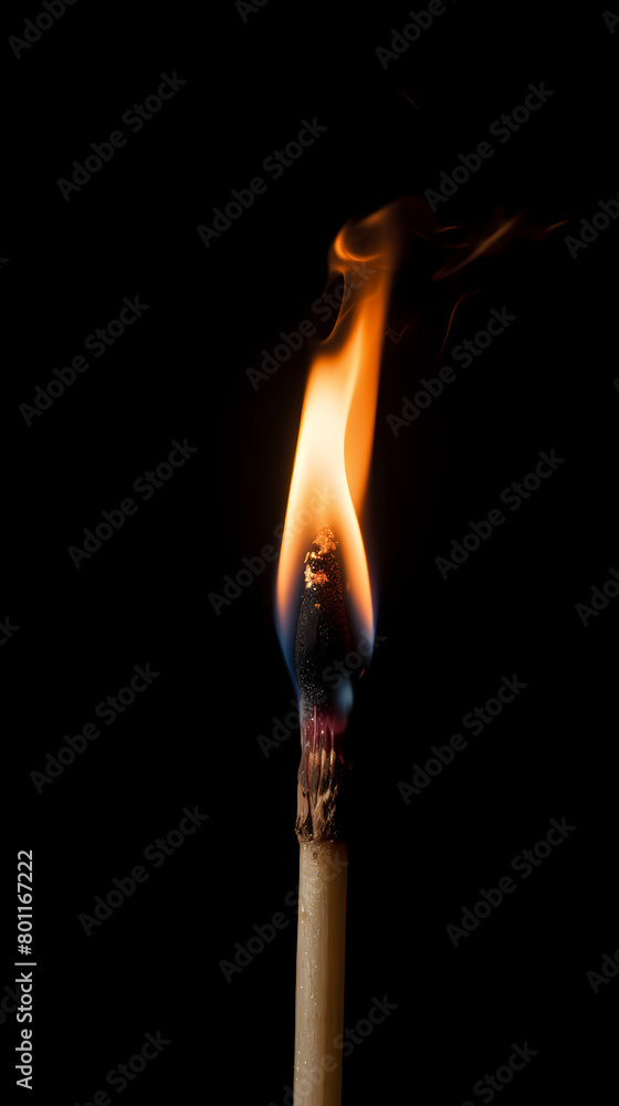 Close up of burning match isolated on black background