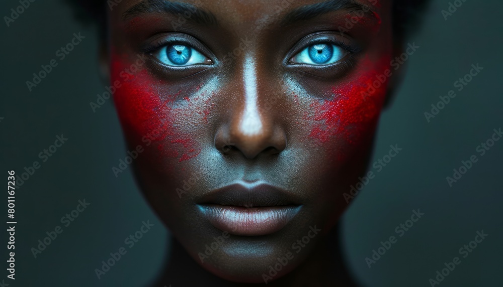 Portrait of a black woman with blue eyes and face painted in red on dark gray background Portrait of a black woman with blue eyes and face painted in red on dark gray background