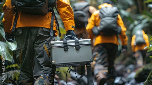 A team of scientists carrying a silver metal brief case in a tropical rainforest. Generative AI. photo