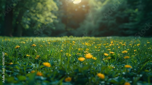 Lush Green Meadow with Vibrant Yellow Wildflowers Blooming in the Morning Sunlight