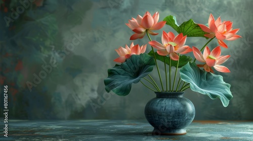   A painting of flowers in a vase with a centergreen leafy plant, surrounded by greenery photo