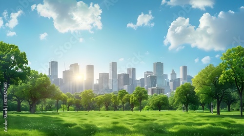 Lush Green Oasis in Urban Metropolis:Vibrant City Center Skyline with Soaring Skyscrapers and Lush Parkland