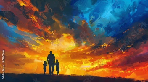 A family silhouette walking towards a vibrant sunset sky