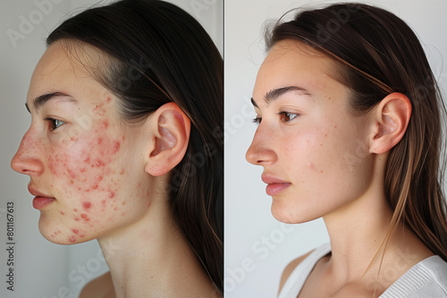 Before After of woman 20s with red blemishes scar and acne, afterwards results of clear glowing fresh skin,, client used ipl light therapy female skincare pimple products at clinic salon microneedling