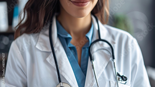 Female doctor with stethoscope in clinic closeup