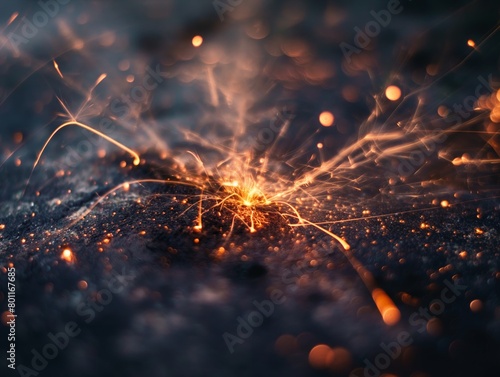 Close-up of a bright sparkler igniting with vibrant fiery particles scattered across a dark backdrop. photo