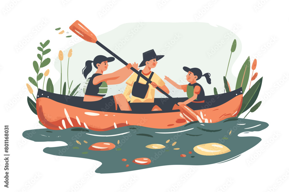 Family canoeing down a gentle river isolated vector style Family canoeing down a gentle river isolated vector style
