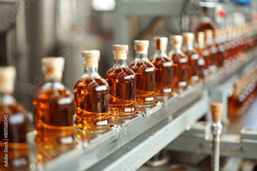 Whiskey bottling process in a traditional factory setting for efficient production
