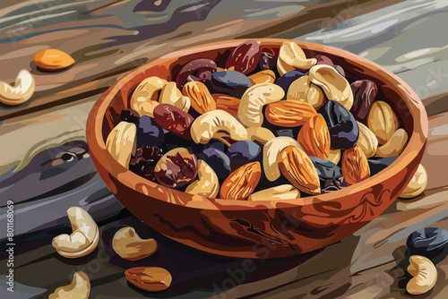 Gourmet trail mix on wooden background isolated vector style