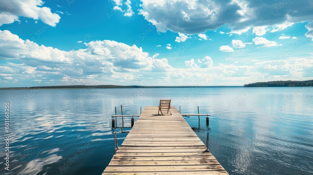 Obraz premium Landscape with a long wooden pier with chairs for fishing and relaxing enjoying the lake view