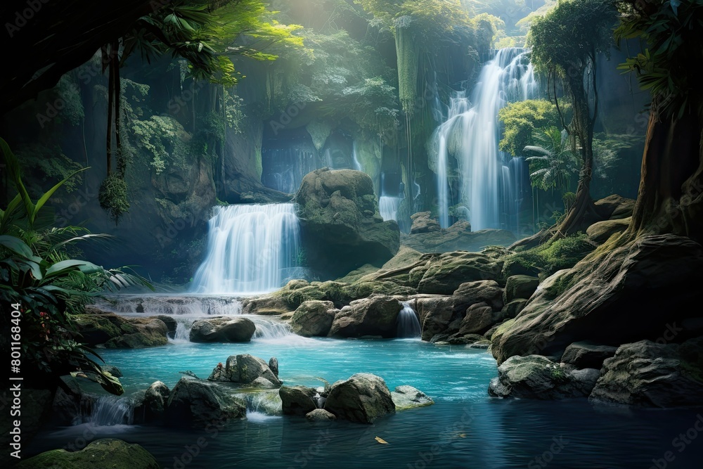 A painting featuring a waterfall cascading down through a lush jungle environment with tropical foliage and a mysterious cave. Generative AI