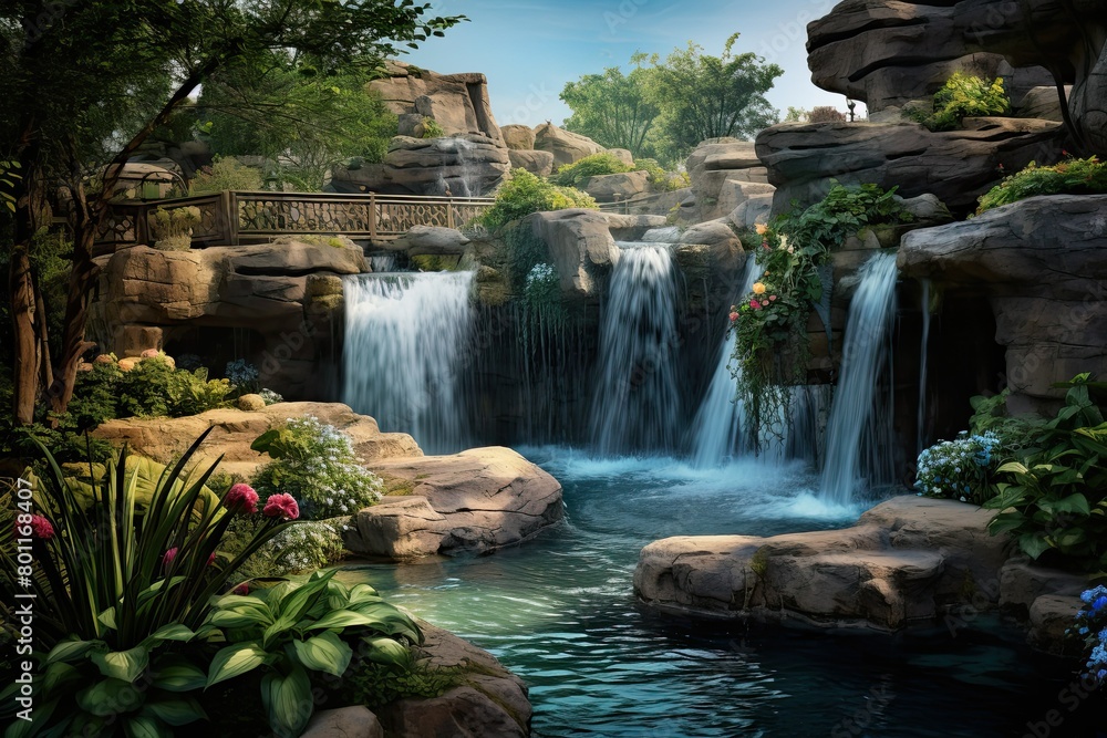 Naklejka premium A painting featuring a powerful waterfall flowing through a garden setting, surrounded by lush greenery and vibrant flowers. Generative AI