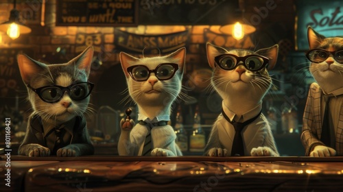 A group of cats wearing glasses and ties sitting at a table
