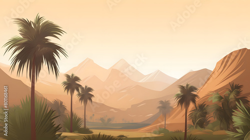 Noon Oasis  Sunlit Hills with Palm Trees. Realistic hills landscape. Vector background