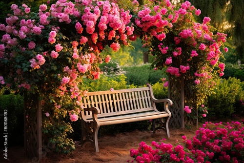 A park bench sits amidst a sea of pink flowers in full bloom. Generative AI
