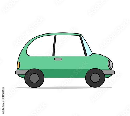 Cartoon illustration of a small green car with a simple design and bright colors © Robert Kneschke