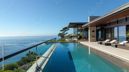 A large pool with a glass railing overlooking the ocean