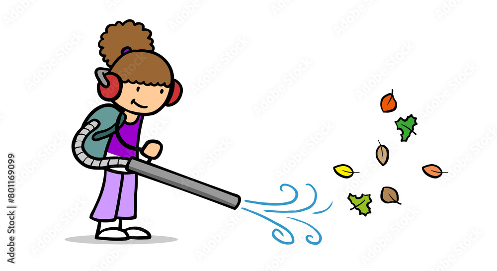 Cartoon girl with ear protection using leaf blower to clean autumn leaves Cartoon girl with ear protection using leaf blower to clean autumn leaves
