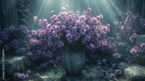  A vase filled with numerous purple flowers sits atop a rough, rocky terrain, beside a stack of boulders
