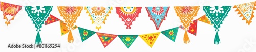 String of handmade cut paper flags on white background. Mexican party decoration. Dia de los Muertos, Halloween, Cinco de Mayo photo