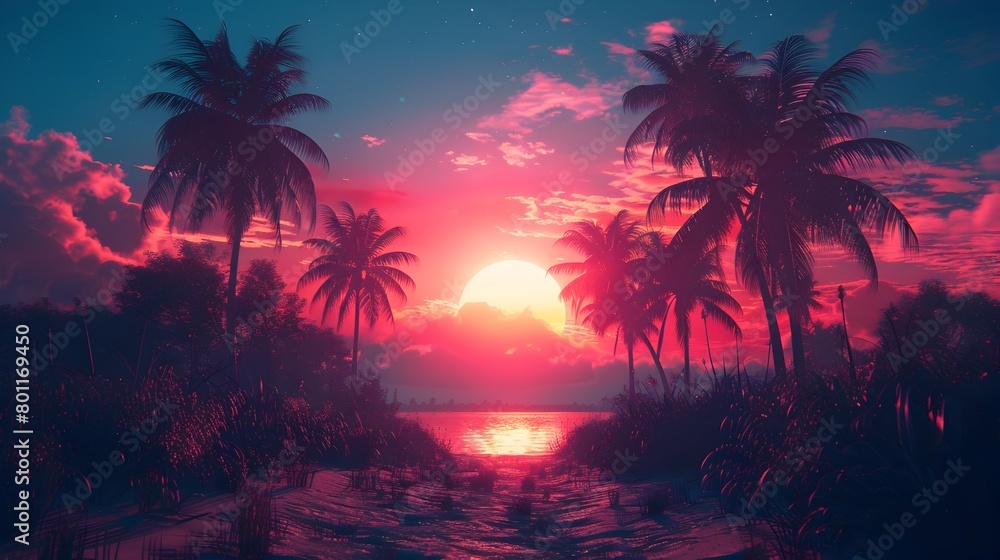 Retro-Futuristic Sunset: A Nostalgic Dusk with Neon-Lit Palm Trees