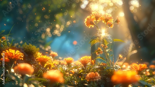  A tight shot of a flower field with sunrays filtering through leaves and blooms in the front