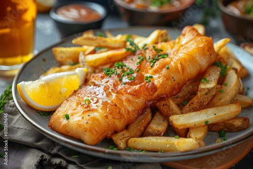 Savor the Taste Fish and Chips with Golden Ale on a Cozy Restaurant Evening