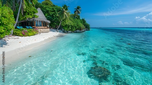 Secluded Maldivian Beach with Crystal Clear Turquoise Waters and White Sandy Shores