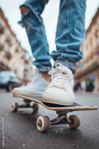 Close up shot of a young man skateboarding in the vibrant urban city environment
