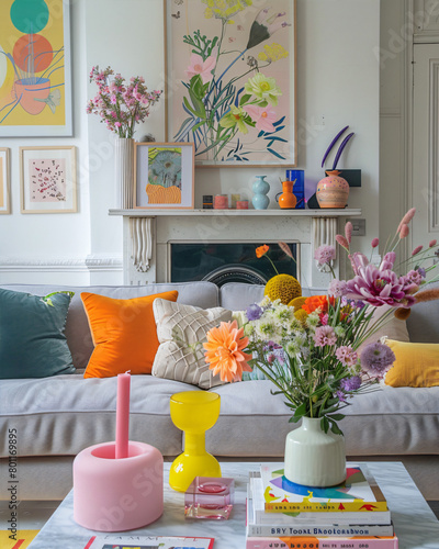 Spring colorful interior design of livingroom. A bouquet of meadow flowers on the table.