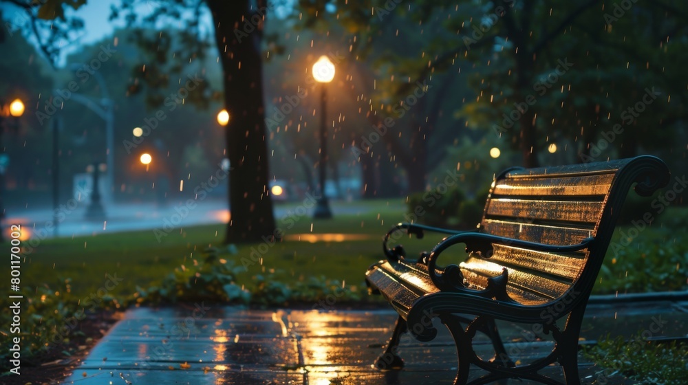 A park bench on a rainy night in the rain