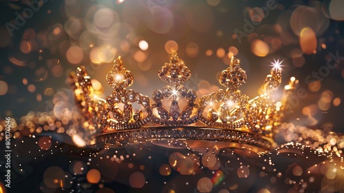 A golden crown sits on a dark blue cloth. The crown is encrusted with diamonds and sparkles in the light.