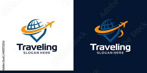 Traveling Logo design. Pinpoint location logo with globe abstract and plane logo design graphic symbol icon vector