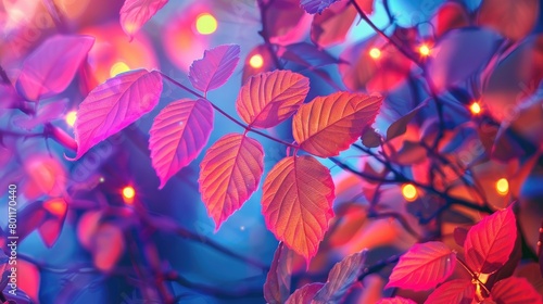 Autumnal background with bright red leaves and bokeh lights