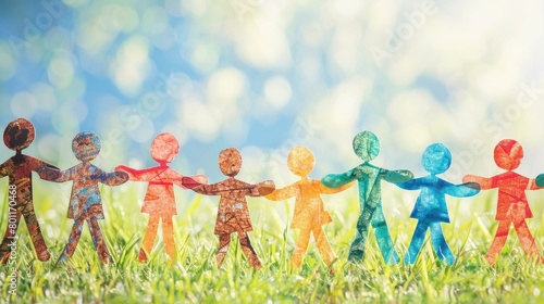 Group of colorful paper people standing on green grass with bokeh background