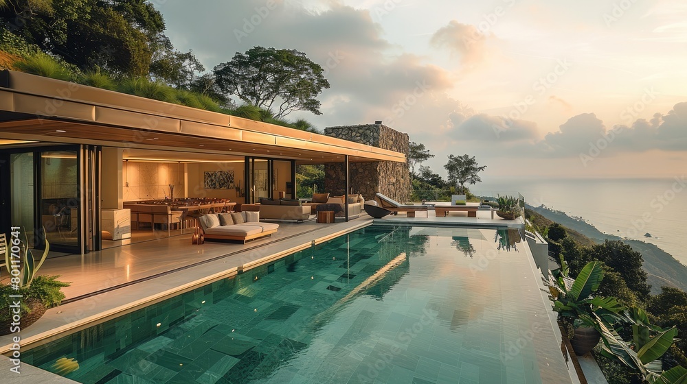 Fototapeta premium A hilltop villa with views to the pacific ocean. Generative AI.